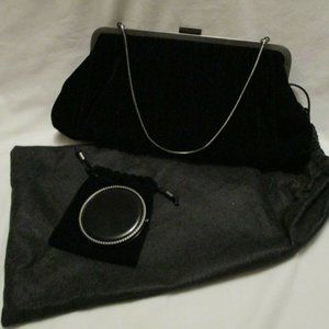 Black Velvet Clutch Evening Bag w Dual Mirror Compact & Dust Bag NEW